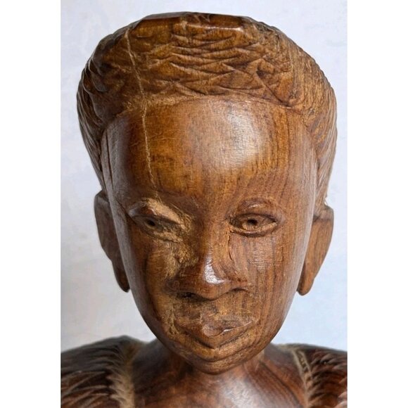 Wooden Handcarved African Statues Head Bust Tribal Man & Woman Pair Folk Art Set - Picture 12 of 16